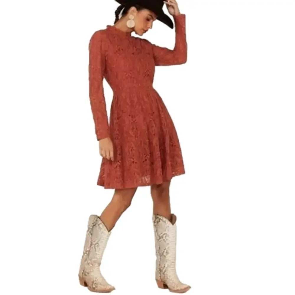 MOLLY BRACKEN Small Terracotta Lace Long Sleeve Tiered Mini Dress Western Rodeo